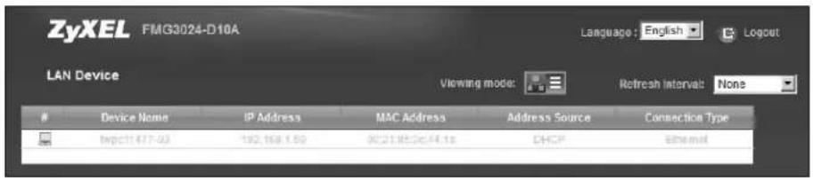 ZyXEL FMG3024-D10A Language: English Logout LAN Device Viewing mode: Refresh Interval: None Device Name IP Address MAC Address Address Source Connection Type bgpc11477-03 182.168.1.59 NC21185.0c64.1s DHCP email