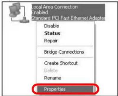 Local Area Connection Enabled Standard PCI Fast Ethernet Adapter Disable Status Repair Bridge Connections Create Shortcut Delete Rename Properties