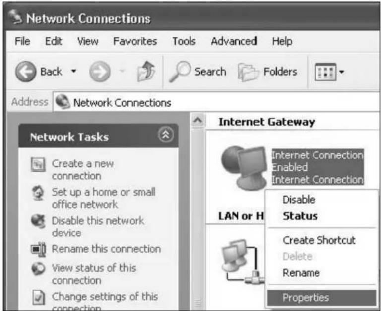Network Connections File Edit View Favorites Tools Advanced Help Back Search Folders Address Network Connections Network Tasks Create a new connection Set up a home or small office network Disable this network device Rename this connection View status of this connection Change settings of this connection Internet Gateway Internet Connection Enabled Internet Connection LAN or H Disable Status Create Shortcut Delete Rename Properties