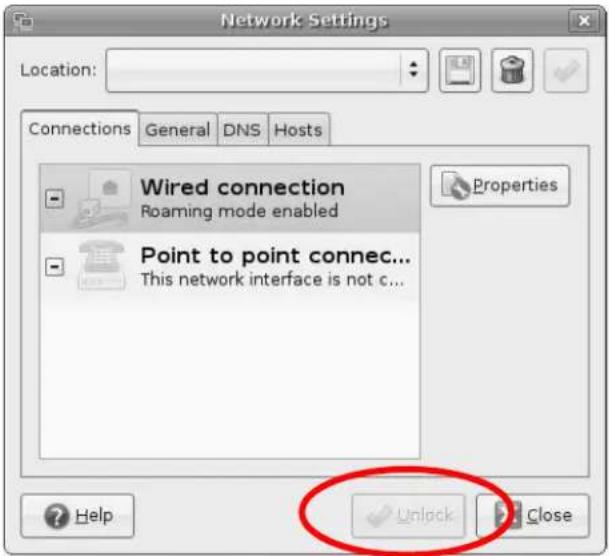 Network Settings Location: Connections General DNS Hosts Wired connection Roaming mode enabled Point to point connec... This network interface is not c... Properties Help Unlock Close
