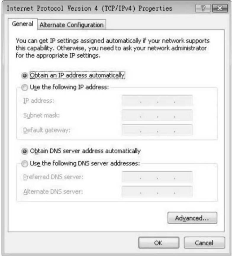 Internet Protocol Version 4 (TCP/IPv4) Properties General Alternate Configuration You can get IP settings assigned automatically if your network supports this capability. Otherwise, you need to ask your network administrator for the appropriate IP settings. Obtain an IP address automatically Use the following IP address: IP address: . Subnet mask: . Default gateway: . Obtain DNS server address automatically Use the following DNS server addresses: Preferred DNS server: . Alternate DNS server: . Advanced... OK Cancel