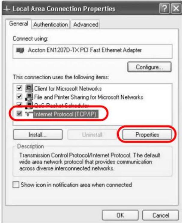 Local Area Connection Properties General Authentication Advanced Connect using: Accton EN1207D-TX PCI Fast Ethernet Adapter Configure... This connection uses the following items: Client for Microsoft Networks File and Printer Sharing for Microsoft Networks PC6 Packet Scheduler Internet Protocol (TCP/IP) Install... Uninstall Properties Description Transmission Control Protocol/Internet Protocol. The default wide area network protocol that provides communication across diverse interconnected networks. Show icon in notification area when connected OK Cancel