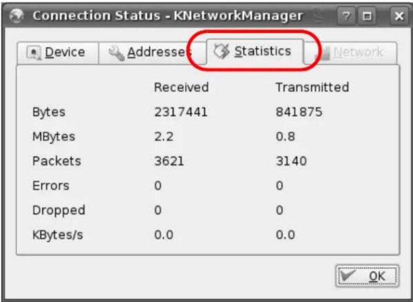Connection Status - KNetworkManager Device Addresses Statistics Network Received Transmitted Bytes 2317441 841875 MBytes 2.2 0.8 Packets 3621 3140 Errors 0 0 Dropped 0 0 KBytes/s 0.0 0.0 OK