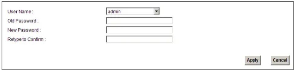 User Name : admin Old Password : New Password : Retype to Confirm : Apply Cancel