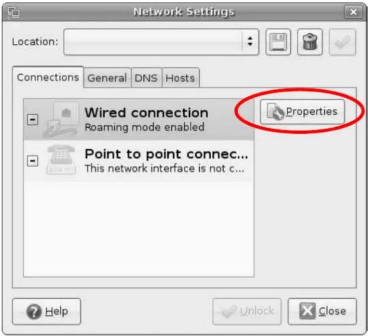 Network Settings Location: Connections General DNS Hosts Wired connection Roaming mode enabled Properties Point to point connec... This network interface is not c... Help Unlock Close