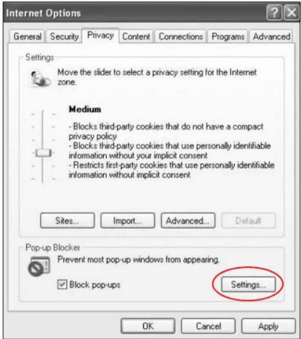 Internet Options General Security Privacy Content Connections Programs Advanced Settings Move the slider to select a privacy setting for the Internet zone. Medium - Blocks third-party cookies that do not have a compact privacy policy - Blocks third-party cookies that use personally identifiable information without your implicit consent - Restricts first-party cookies that use personally identifiable information without implicit consent Sites... Import... Advanced... Default Pop-up Blocker Prevent most pop-up windows from appearing. ✓ Block pop-ups Settings... OK Cancel Apply