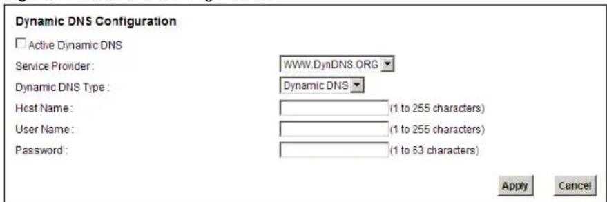 Dynamic DNS Configuration Active Dynamic DNS Service Provider: WWW.DynDNS.ORG Dynamic DNS Type: Dynamic DNS Host Name: (1 to 255 characters) User Name: (1 to 255 characters) Password: (1 to 63 characters) Apply Cancel
