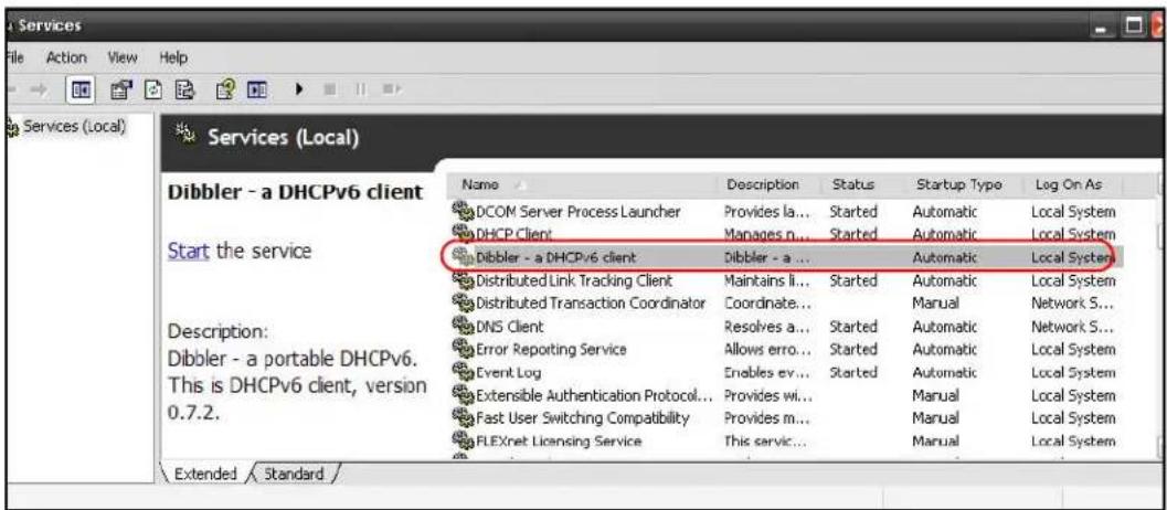 Services (Local) Dibbler - a DHCPv6 client Start the service Description: Dibbler - a portable DHCPv6. This is DHCPv6 client, version 0.7.2. Name Description Status Startup Type Log On As DCOM Server Process Launcher Provides la... Started Automatic Local System DHCP Client Manages n... Started Automatic Local System Dibbler - a DHCPv6 client Dibbler - a ... Automatic Local System Distributed Link Tracking Client Maintains li... Started Automatic Local System Distributed Transaction Coordinator Coordinate... Started Manual Network S... DNS Client Resolves a... Started Automatic Network S... Error Reporting Service Allows erro... Started Automatic Local System Event Log Enables ev... Started Automatic Local System Extensible Authentication Protocol... Provides wi... Started Manual Local System Fast User Switching Compatibility Provides m... Started Manual Local System FLEXnet Licensing Service This servic... Started Manual Local System Extended / Standard