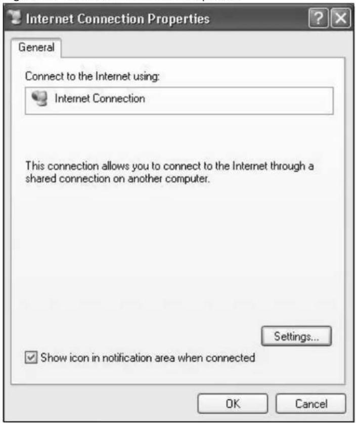 Internet Connection Properties General Connect to the Internet using: Internet Connection This connection allows you to connect to the Internet through a shared connection on another computer. Settings... ✓ Show icon in notification area when connected OK Cancel