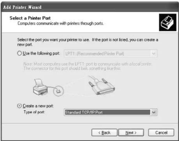 Add Printer Wizard Select a Printer Port Computers communicate with printers through ports. Select the port you want your printer to use. If the port is not listed, you can create a new port. Use the following port: LPT1: (Recommended Printer Port) Note: Most computers use the LPT1 port to communicate with a local printer. The connector for this port should look something like this. Create a new port: Type of port: Standard TCP/IP Port < Back Next > Cancel