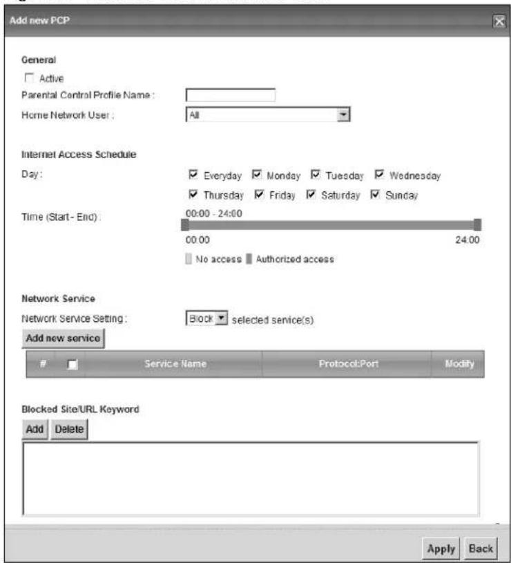 Add new PCP General Active Parental Control Profile Name: Home Network User: All Internet Access Schedule Day: Everyday Monday Tuesday Wednesday Thursday Friday Saturday Sunday Time (Start - End): 00:00 - 24:00 00:00 24:00 No access Authorized access Network Service Network Service Setting: Block selected service(s) Add new service Service Name Protocol:Port Modify Blocked Site/URL Keyword Add Delete Apply Back