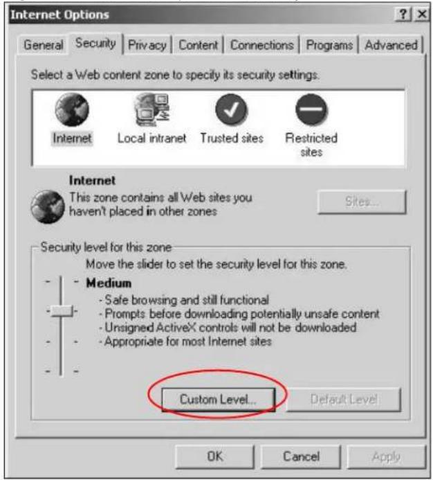 Internet Options General Security Privacy Content Connections Programs Advanced Select a Web content zone to specify its security settings. Internet Local intranet Trusted sites Restricted sites Internet This zone contains all Web sites you haven't placed in other zones Sites... Security level for this zone Move the slider to set the security level for this zone. Medium - Safe browsing and still functional - Prompts before downloading potentially unsafe content - Unsigned ActiveX controls will not be downloaded - Appropriate for most Internet sites Custom Level... Default Level OK Cancel Apply