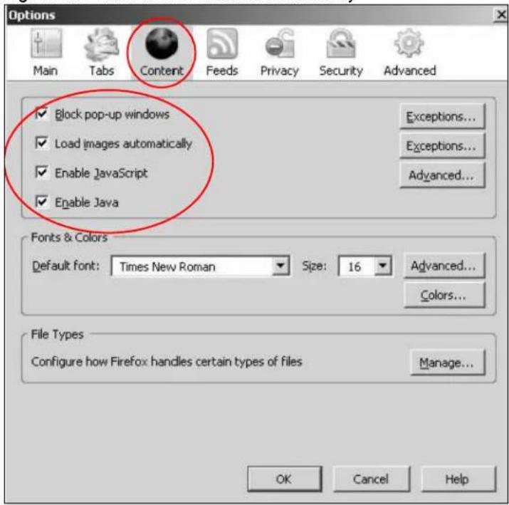 Options Main Tabs Content Feeds Privacy Security Advanced ✓ Block pop-up windows Exceptions... ✓ Load images automatically Exceptions... ✓ Enable JavaScript Advanced... ✓ Enable Java Fonts & Colors Default font: Times New Roman Size: 16 Advanced... Colors... File Types Configure how Firefox handles certain types of files.Manage... OK Cancel Help