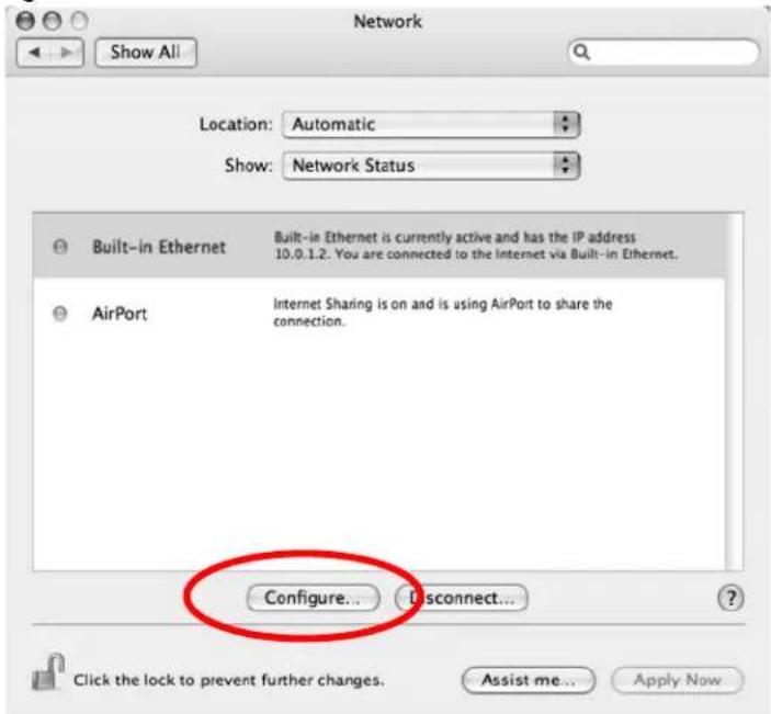 Network Location: Automatic Show: Network Status Built-in Ethernet Built-in Ethernet is currently active and has the IP address 10.0.1.2. You are connected to the Internet via Built-in Ethernet. AirPort Internet Sharing is on and is using AirPort to share the connection. Configure... Disconnect... Click the lock to prevent further changes. Assist me... Apply Now