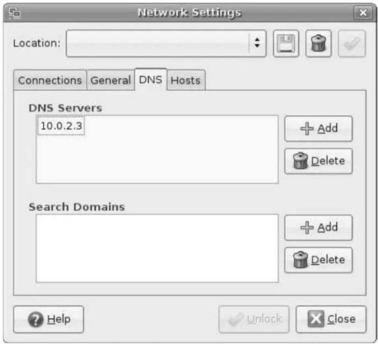 Network Settings Location: Connections General DNS Hosts DNS Servers 10.0.2.3 Search Domains + Add Delete + Add Delete ? Help Unlock Close