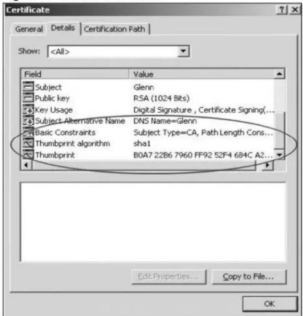 Certificate General Details Certification Path Show: Field Value Subject Glenn Public key RSA (1024 Bits) Key Usage Digital Signature , Certificate Signing(... Subject Alternative Name DNS Name=Glenn Basic Constraints Subject Type=CA, Path Length Cons... Thumbprint algorithm sha1 Thumbprint B0A7 22B6 7960 FF92 52F4 684C A2... Edit Properties... Copy to File... OK