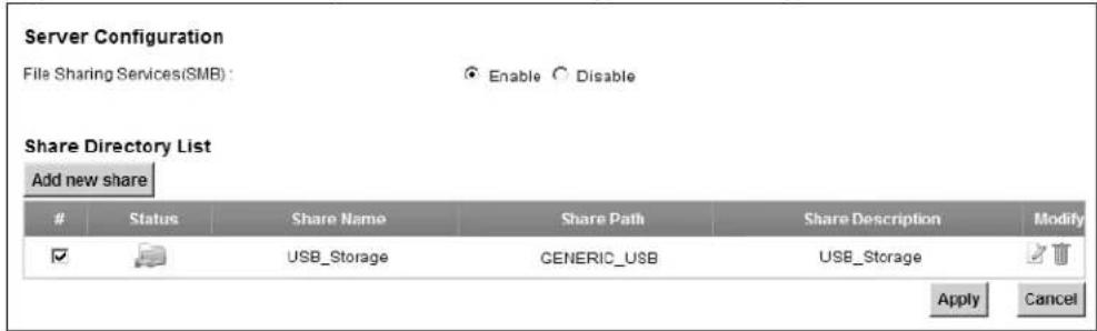 Server Configuration File Sharing Services(SMB) : Enable Disable Share Directory List Add new share Status Share Name Share Path Share Description Modify ✓ USB_Storage GENERIC_USB USB_Storage Apply Cancel