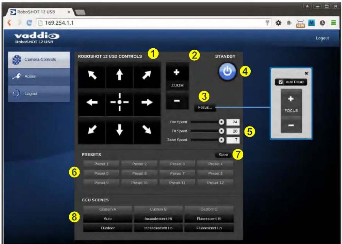 RoboSHOT 12 USB 169.254.1.1 vaddio RoboSHOT 12 USB Camera Controls Admin Logout ROBOSHOT 12 USB CONTROLS STANDBY ZOOM - Focus... Pan Speed 24 Fit Speed 20 Zoom Speed 7 PRESETS Store Preset 1 Preset 2 Preset 3 Preset 4 Preset 5 Preset 6 Preset 7 Preset 8 Preset 9 Preset 10 Preset 11 Preset 12 CCU SCENES Custom A Custom B Custom C Auto Incandescent Hi Fluorescent Hi Outdoor Incandescent Lo Fluorescent Lo Auto Focus FOCUS -