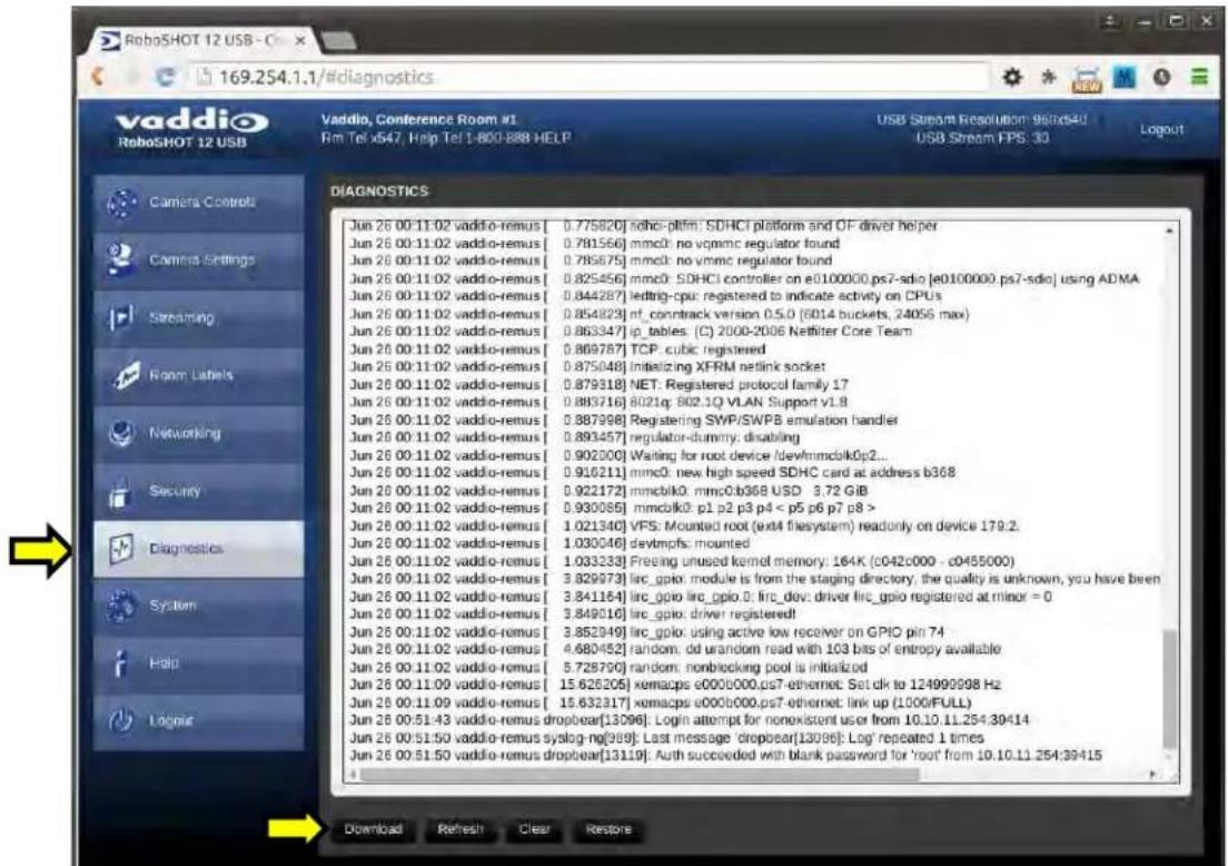 RoboSHOT 12 USB Vaddio RoboSHOT 12 USB Vaddio, Conference Room #1 Rm Tel x547, Help Tel 1-800-888 HELP USB Stream Resolution: 960x54U USB Stream FPS: 30 Logout Camera Controls Camera Settings Streaming Room Labels Networking Security Diagnostics System Help Logour DIAGNOSTICS Jun 26 00:11.02 vaddio-remus [ 0.775820] sdHCI-pltfm: SDHCI platform and OF driver helper Jun 26 00:11.02 vaddio-remus [ 0.781566] mmc0: no vcmmc regulator found Jun 26 00:11.02 vaddio-remus [ 0.785675] mmc0: no vcmmc regulator found Jun 26 00:11.02 vaddio-remus [ 0.825456] mmc0: SDHCI controller on e0100000 ps7-sdio [e0100000 ps7-sdio] using ADMA Jun 26 00:11.02 vaddio-remus [ 0.844287] ledtrg-cpu: registered to indicate activity on CPUs Jun 26 00:11.02 vaddio-remus [ 0.854823] nf contrack version 0.5.0 (6014 buckets, 24056 max) Jun 26 00:11.02 vaddio-remus [ 0.863347] ip_tables (C) 2000-2006 Netfilter Core Team Jun 26 00:11.02 vaddio-remus [ 0.869787] TCP: cubic registered Jun 26 00:11.02 vaddio-remus [ 0.875048] initializing XFRM netlink socket Jun 26 00:11.02 vaddio-remus [ 0.879318] NET: Registered protocol family 17 Jun 26 00:11.02 vaddio-remus [ 0.883716] 8021q: B02.21Q VLAN Support v1.8 Jun 26 00:11.02 vaddio-remus [ 0.887998] Registering SWP/SWPB emulation handler Jun 26 00:11.02 vaddio-remus [ 0.893457] regulator-dummy: disabling Jun 26 00:11.02 vaddio-remus [ 0.902000] Waiting for root device /dev/mmcblk0p2... Jun 26 00:11.02 vaddio-remus [ 0.916211] mmc0: new high speed SDHC card at address b368 Jun 26 00:11.02 vaddio-remus [ 0.922172] mmcblk0: mmcOb368 USD 3.72 GIB Jun 26 00:11.02 vaddio-remus [ 0.930085] mmcblk0: p1 p2 p3 p4 < p5 p6 p7 p8 > Jun 26 00:11.02 vaddio-remus [ 1.021340] VFS: Mounted root (ext4 filesystem) readonly on device 179.2. Jun 26 00:11.02 vaddio-remus [ 1.030346] devtmpfs: mounted Jun 26 00:11.02 vaddio-remus [ 1.033333] Freeing unused kernel memory: 164K (c042c00 - c045500) Jun 26 00:11.02 vaddio-remus [ 3.829973] lirc_gpio: module is from the staging directory, the quality is unknown, you have been Jun 26 00:11.02 vaddio-remus [ 3.841164] lirc_gpio lirc_gpio: lirc_dev: driver lirc_gpio registered at minor = 0 Jun 26 00:11.02 vaddio-remus [ 3.849016] lirc_gpio: driver registeredt Jun 26 00:11.02 vaddio-remus [ 3.852349] lirc_gpio: using active low receiver on GPIO pin 74 Jun 26 00:11.02 vaddio-remus [ 4.680452] random: dd urandom read with 103 bits of entropy available Jun 26 00:11.02 vaddio-remus [ 5.728790] random: nonblocking pool is initialized Jun 26 00:11.09 vaddio-remus [ 15.626205] xemacps c00bOcOcsps7-ethernet: Set clk to 124999998 Hz Jun 26 00:11.09 vaddio-remus [ 15.632317] xemacps c0bOcOcsps7-ethernet: link up (10ooFULL) Jun 26 00:51.43 vaddio-remus dropbear[13096]: Login attempt for nonexistent user from 10.10.11.254:39414 Jun 26 00:51.50 vaddio-remus syslog-ng[989]: Last message 'dropbear[13096]: Log' repeated t times Jun 26 00:51.50 vaddio-remus dropbear[13119]: Auth succeeded with blank password for 'root' from 10.10.11.254:39415 Download Refresh Clear Restore