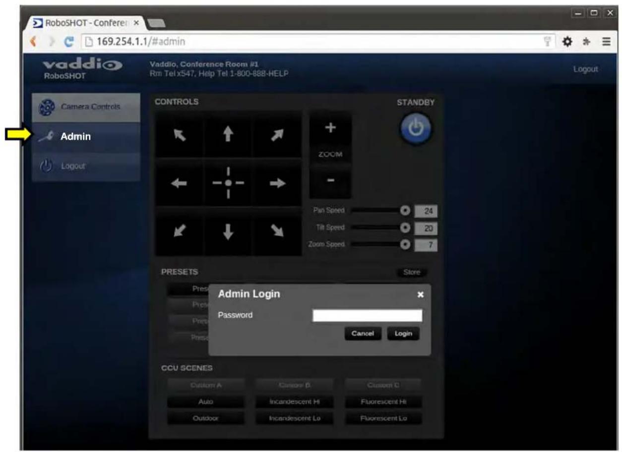 RoboSHOT - Conferel 169.254.1.1/#admin vaddio RoboSHOT Vaddio, Conference Room #1 Rm Tel x547, Help Tel 1-800-888-HELP Camera Controls Admin Logout CONTROLS ZOOM STANDBY Pan Speed: 24 Tilt Speed: 20 Zoom Speed: 7 PRESETS Store Pres: Pres: Pres: Pres: Pres: Admin Login Password Cancel Login CCU SCENES Custom A Custom B Custom C Auto Incandescent Hi Fluorescent Hi Outdoor Incandescent Lo Fluorescent Lo