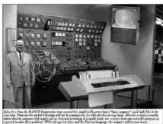 Historical photo of a large radio console in a control room with a man observing, featuring Chinese text describing the device's components.
