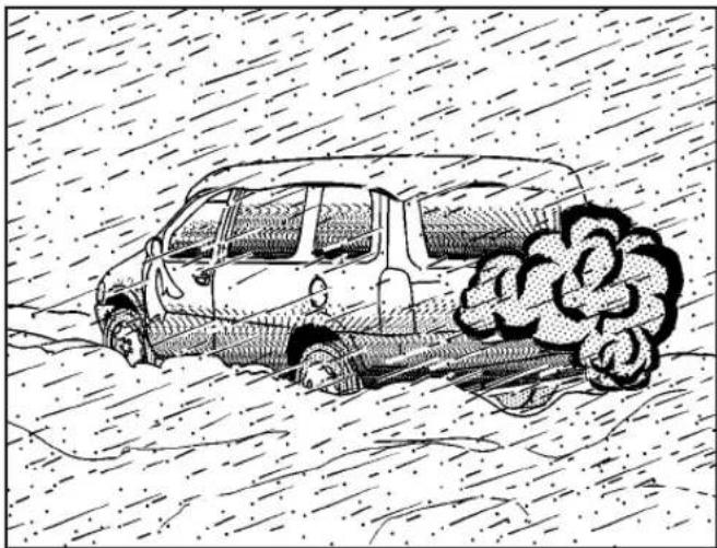 Cartoon illustration of a car partially submerged in water with smoke rising (no text or symbols)