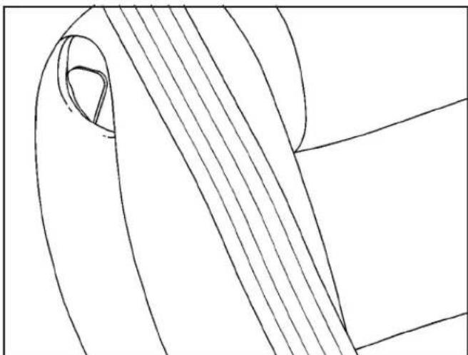 Abstract line drawing of a curved, striped object with a looped end (no text or symbols)