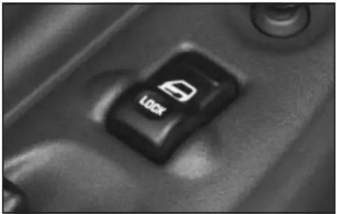 Close-up of a black Lock button on a vehicle door panel (no text or symbols visible)
