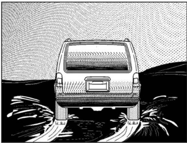 Black-and-white illustration of a car viewed from behind, showing rear suspension and tire tracks (no text or symbols)