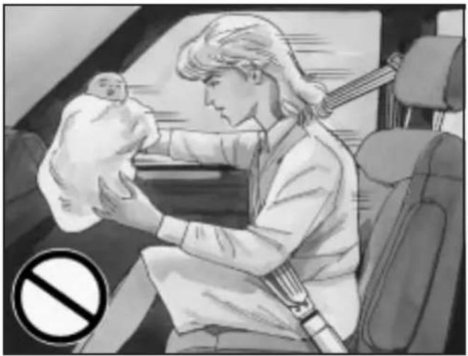 Black-and-white illustration of a person in a car holding a baby, with a no-smoking symbol nearby (no text or symbols on the main scene)
