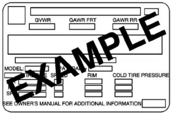 GVWR GAWR FRT GAWR RR MODEL: PAI OASIE TIME SWE SPRED RIM COLD TIRE PRESSURE SP SEE OWNER'S MANUAL FOR ADDITIONAL INFORMATION