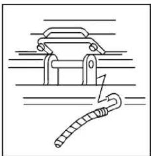 Diagram of a mechanical clamp or bracket with a spring-like tool inserted, no text or symbols present