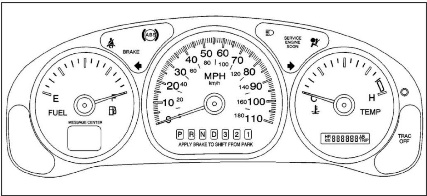E FUEL MESSAGE CENTER BRAKE ABS 40 50 60 70 30 60 80 100 MPH km/h 20 40 10 20 120 80 140 90 160 100 180 110 P R N D 3 2 1 APPLY BRAKE TO SHIFT FROM PARK SERVICE ENGINE SOON TEMP C H HR 000000 AB km TRIP TRAC OFF