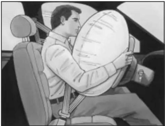 Black-and-white illustration of a man seated in a car, holding a large circular object (no text or symbols visible)