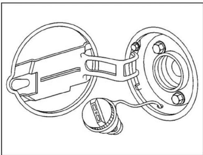 Technical line drawing of a mechanical assembly with circular components and mounting holes (no text or symbols)