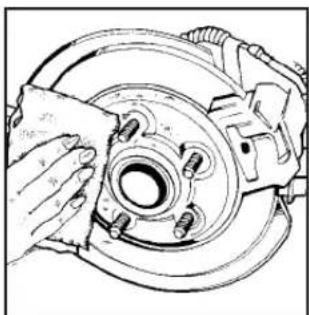 Line drawing of a car brake assembly with hands adjusting components (no text or symbols)