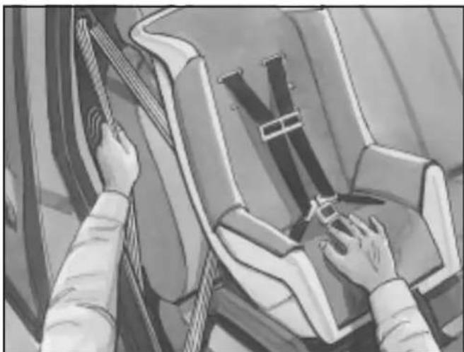 Illustration of hands installing or adjusting a vehicle's seatbelt (no text or symbols visible)