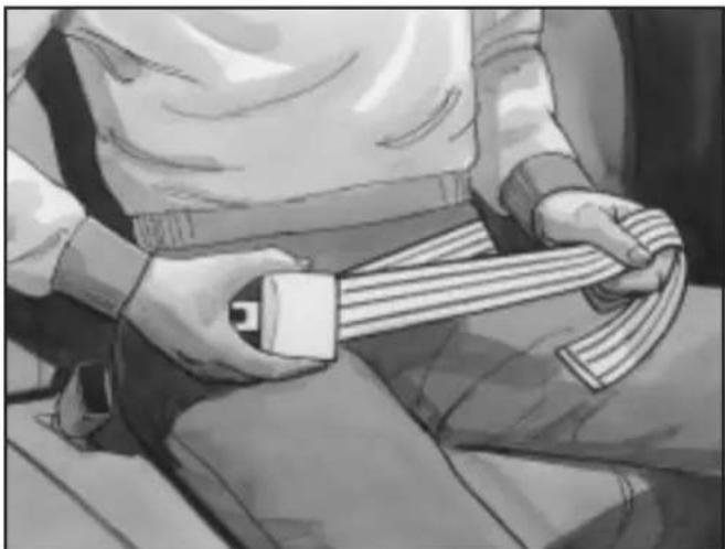 Illustration of a person sitting on a seat with a belt buckle (no text or symbols)