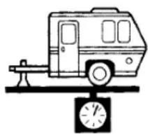 Simple line drawing of a train on a scale with a pointer and clock (no text or symbols)