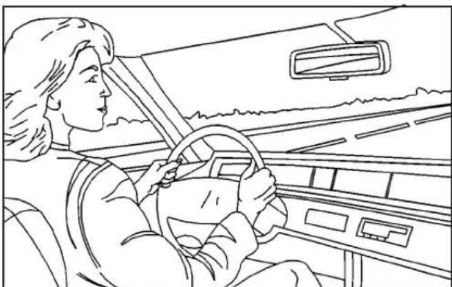 Line drawing of a person driving a car with steering wheel and dashboard (no text or symbols)