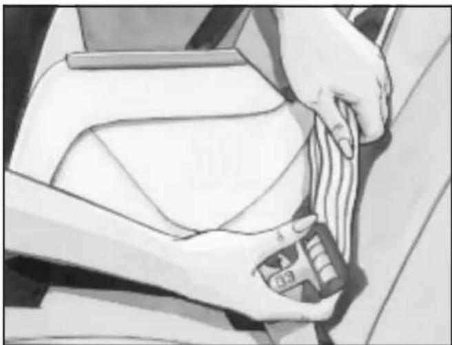 Illustration of a person's seatbelt being held by hands, no visible text or symbols