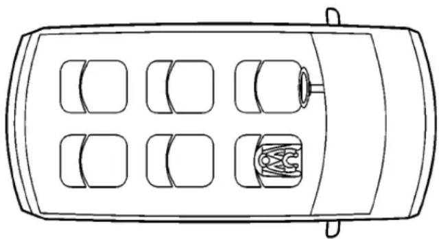 Top-down line drawing of a car with six windows and a central circular component (no text or symbols)