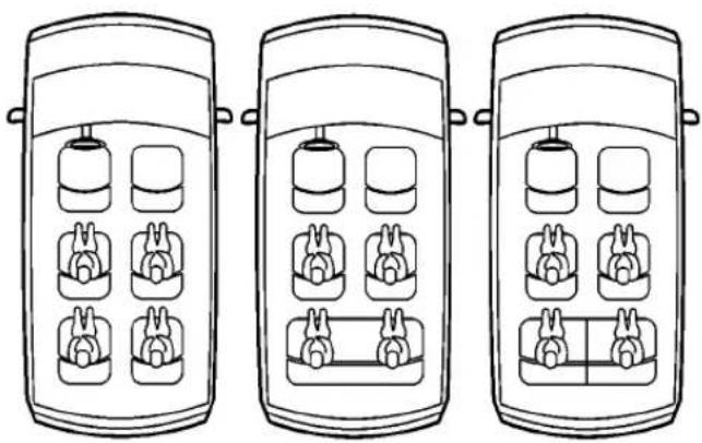 Three identical illustrations of a double door with six rabbit-shaped compartments, each containing one (no text or symbols)
