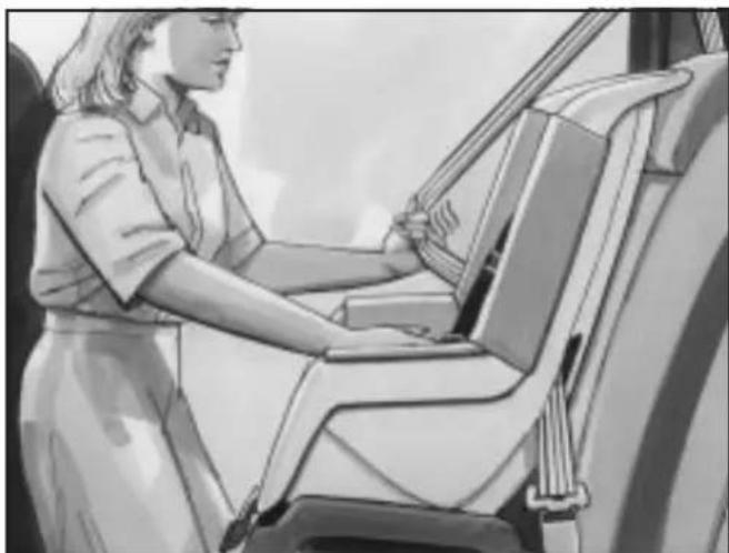 Illustration of a woman seated in a car, holding a steering wheel (no text or symbols visible)