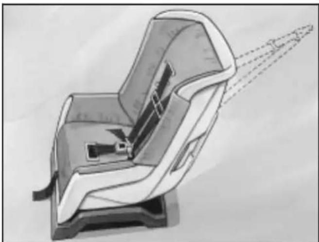 Illustration of a car seat with a belt drive, showing internal components and exhaust lines (no text or symbols)