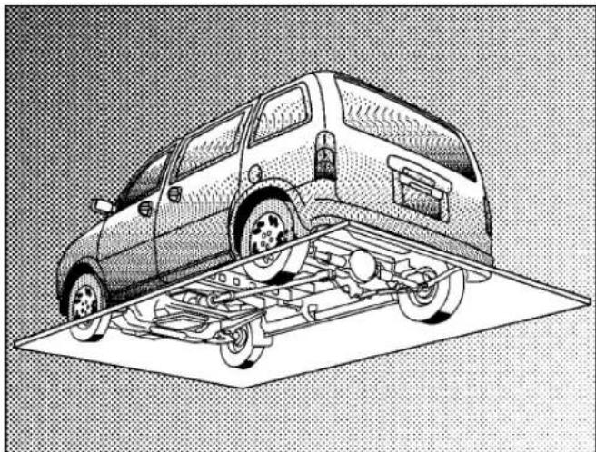 Line drawing of a car on an elevated platform with visible wheels and suspension components (no text or symbols)