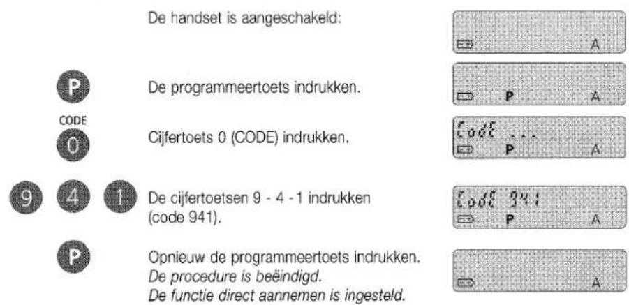De handset is aangeschakeld: P CODE 0 9 4 1 P De programmeertoets indrukken. Cijfertoets 0 (CODE) indrukken. De cijfertoetsen 9 - 4 - 1 indrukken (code 941). Opnieuw de programmeertoets indrukken. De procedure is beëindigd. De functie direct aannemen is ingesteld.