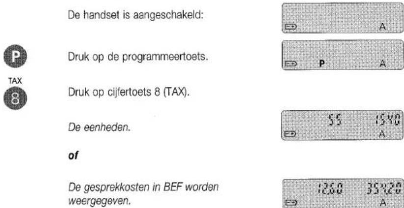 De handset is aangeschakeld: Druk op de programmeertoets. Druk op cijfertoets 8 (TAX). De eenheden. of De gesprekkosten in BEF worden weergegeven. 1260 35120 A P A 55 1540 A