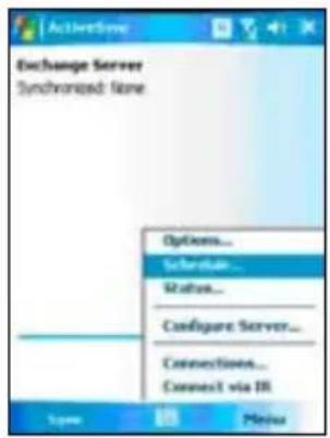 Exchange Server Synchronized: none Options... Schedule... Status... Configure Server... Connections... Connect via IR Name Help Finish