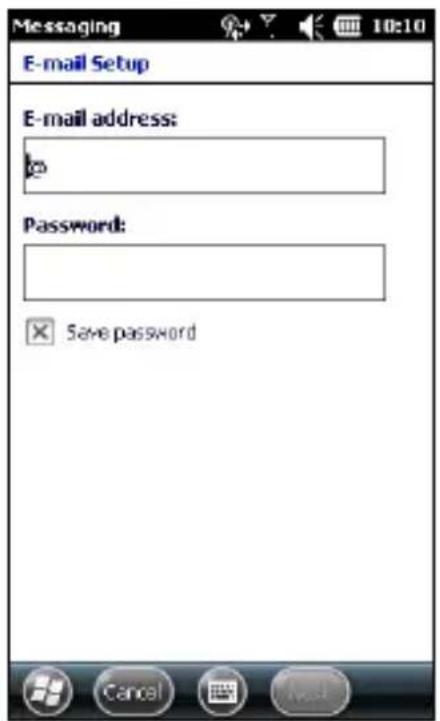 Messaging 10:10 E-mail Setup E-mail address: Password: Save password